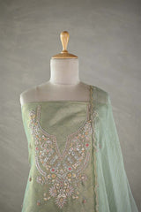 Sage Green Tissue Silk Salwar Suit with Floral Hand Embroidery