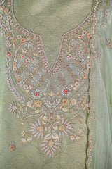 Sage Green Tissue Silk Salwar Suit with Floral Hand Embroidery