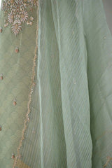 Sage Green Tissue Silk Salwar Suit with Floral Hand Embroidery