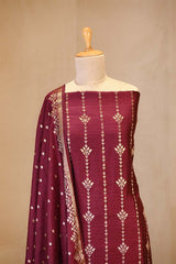 Maroon Chiniya Silk Salwar Suit Set with Contrast Dupatta