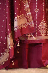 Maroon Chiniya Silk Salwar Suit Set with Contrast Dupatta