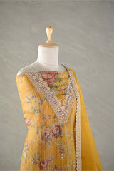 Mustard Yellow  Tissue Silk Salwar Suit with Floral Print