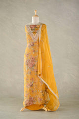 Mustard Yellow  Tissue Silk Salwar Suit with Floral Print