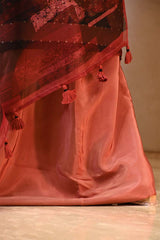 Rust Red Organza Silk Floral Printed Suit Set with Aari Handwork