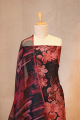 Rust Red Organza Silk Floral Printed Suit Set with Aari Handwork