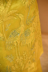 Lime Yellow Organza Silk Salwar Suit Set with Swan and Floral Hand-Embroidery