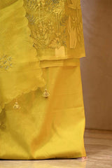 Lime Yellow Organza Silk Salwar Suit Set with Swan and Floral Hand-Embroidery