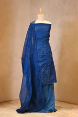 Blue Organza Silk Salwar Suit Set with Swan and Floral Hand-Embroidery
