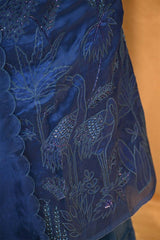 Blue Organza Silk Salwar Suit Set with Swan and Floral Hand-Embroidery