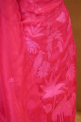 Hot Pink Organza Silk Salwar Suit Set with Swan and Floral Hand-Embroidery