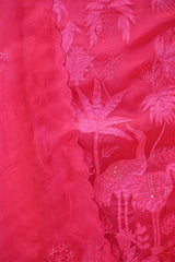 Hot Pink Organza Silk Salwar Suit Set with Swan and Floral Hand-Embroidery