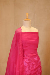 Hot Pink Organza Silk Salwar Suit Set with Swan and Floral Hand-Embroidery