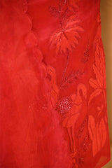 Red Organza Silk Salwar Suit Set with Swan and Floral Hand-Embroidery