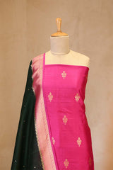 Pink Banarasi Silk Salwar Suit Set with Green Organza Dupatta