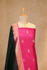 Pink Banarasi Silk Salwar Suit Set with Green Organza Dupatta