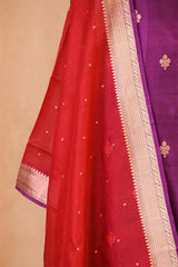 Purple Banarasi Silk Salwar Suit Set with Red Organza Dupatta