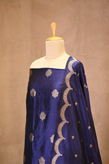 Blue Banarasi Salwar Suit Set with Gold Zari Motifs and Dupatta