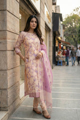 Off-White and Pink Organza Silk Salwar Suit with Emberoidered Dupatta