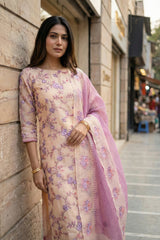 Off-White and Pink Organza Silk Salwar Suit with Emberoidered Dupatta