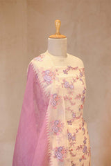 Off-White and Pink Organza Silk Salwar Suit with Emberoidered Dupatta