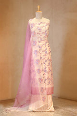 Off-White and Pink Organza Silk Salwar Suit with Emberoidered Dupatta