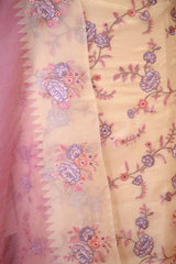 Off-White and Pink Organza Silk Salwar Suit with Emberoidered Dupatta