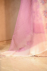 Off-White and Pink Organza Silk Salwar Suit with Emberoidered Dupatta