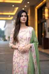 Off-White and Green Organza Silk Salwar Suit with Emberoidered Dupatta