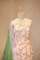 Off-White and Green Organza Silk Salwar Suit with Emberoidered Dupatta
