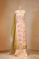 Off-White and Heena Green Organza Silk Salwar Suit with Emberoidered Dupatta
