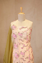 Off-White and Heena Green Organza Silk Salwar Suit with Emberoidered Dupatta