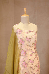 Off-White and Heena Green Organza Silk Salwar Suit with Emberoidered Dupatta