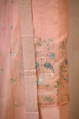 Pink Organza Silk Salwar Suit Set with Floral Prints and Embellishments