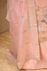 Pink Organza Silk Salwar Suit Set with Floral Prints and Embellishments