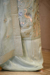 Sky Blue Organza Silk Salwar Suit Set with Floral Prints and Embellishments