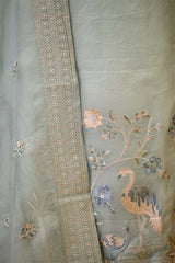 Sky Blue Organza Silk Salwar Suit Set with Floral Prints and Embellishments