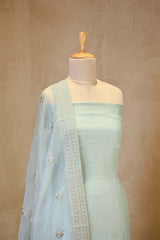 Sky Blue Organza Silk Salwar Suit Set with Floral Prints and Embellishments