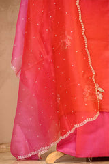 Pink and Red Shaded Organza Silk Suit Set with Floral Embroidery