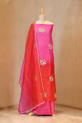 Pink and Red Shaded Organza Silk Suit Set with Floral Embroidery