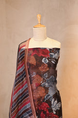 Brown Organza Silk Floral Printed Suit Set with Aari Handwork