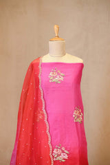 Pink and Red Shaded Organza Silk Suit Set with Floral Embroidery