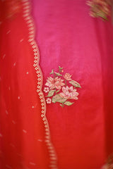 Pink and Red Shaded Organza Silk Suit Set with Floral Embroidery