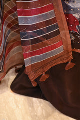 Brown Organza Silk Floral Printed Suit Set with Aari Handwork