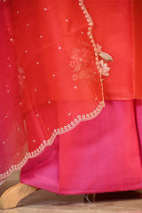 Pink and Red Shaded Organza Silk Suit Set with Floral Embroidery