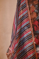 Brown Organza Silk Floral Printed Suit Set with Aari Handwork