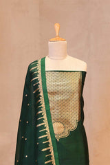 Banarasi Silk Suit Set in Bottle Green with Gold Zari Brocade Yoke and Organza Dupatta