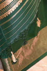 Banarasi Silk Suit Set in Bottle Green with Gold Zari Brocade Yoke and Organza Dupatta