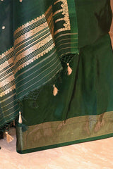 Banarasi Silk Suit Set in Bottle Green with Gold Zari Brocade Yoke and Organza Dupatta
