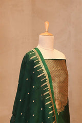 Banarasi Silk Suit Set in Bottle Green with Gold Zari Brocade Yoke and Organza Dupatta