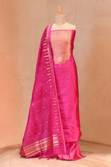 A Dummy Wearing pink Banarasi Suit Set showing Gold Zari Yoke and Organza Dupatta